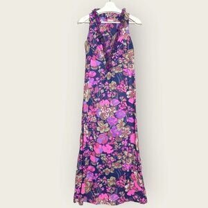 VINTAGE 1970s Perri-Ann Floral Ruffle Collar Maxi Dress
